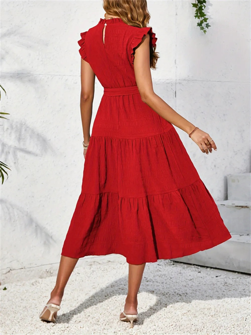 Frill Mock Neck Ruffled Cap Sleeve Midi Dress - Velora Luxury Fashion