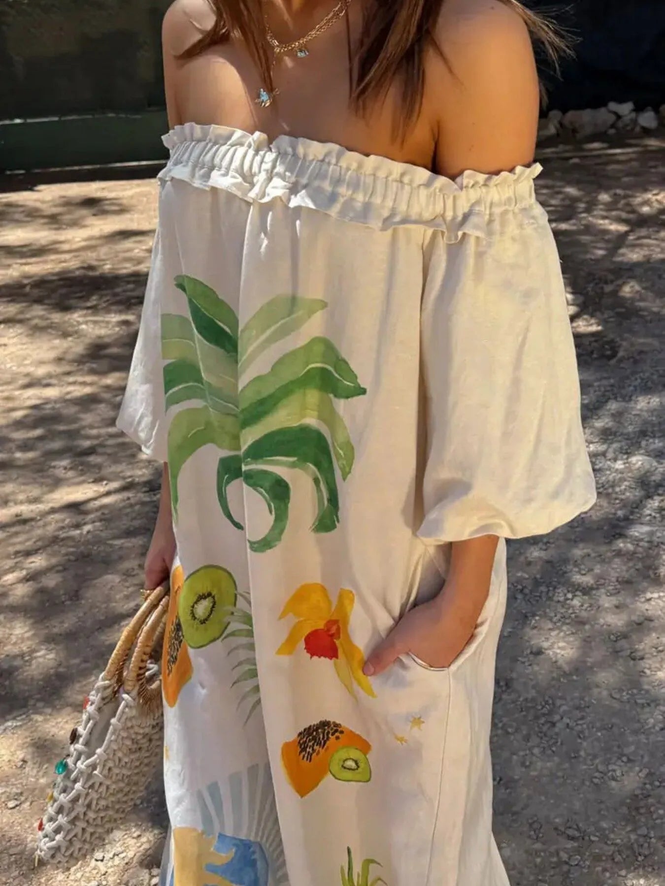 Frill Printed Off-Shoulder Dress - Velora Luxury Fashion