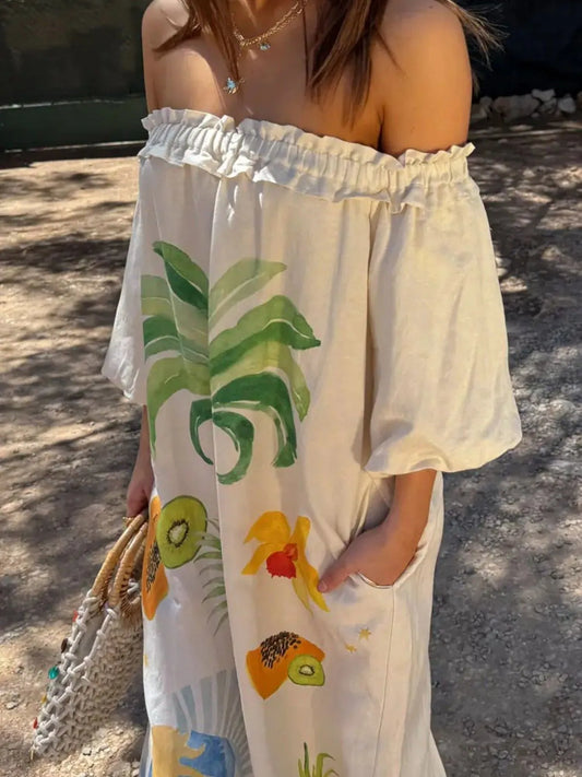 Frill Printed Off-Shoulder Dress - Velora Luxury Fashion