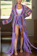 Fringe Tied Long Sleeve Cardigan - Velora Luxury Fashion