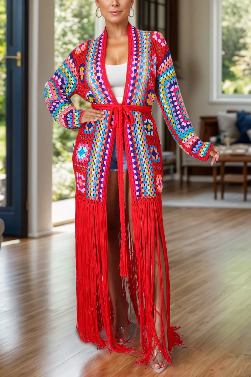 Fringe Tied Long Sleeve Cardigan - Velora Luxury Fashion