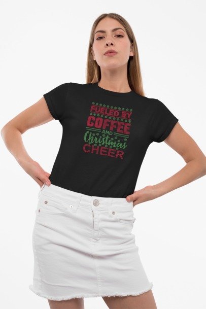 Fueled by Coffee and Christmas Cheer Rhinestone Shirt – Holiday Coffee Bling Tee | Blingdazzel