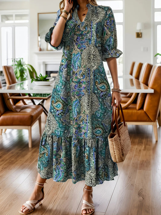 Full Size Bohemian Paisley Print Ruffle Hem Midi Dress Plus Size - Velora Luxury Fashion