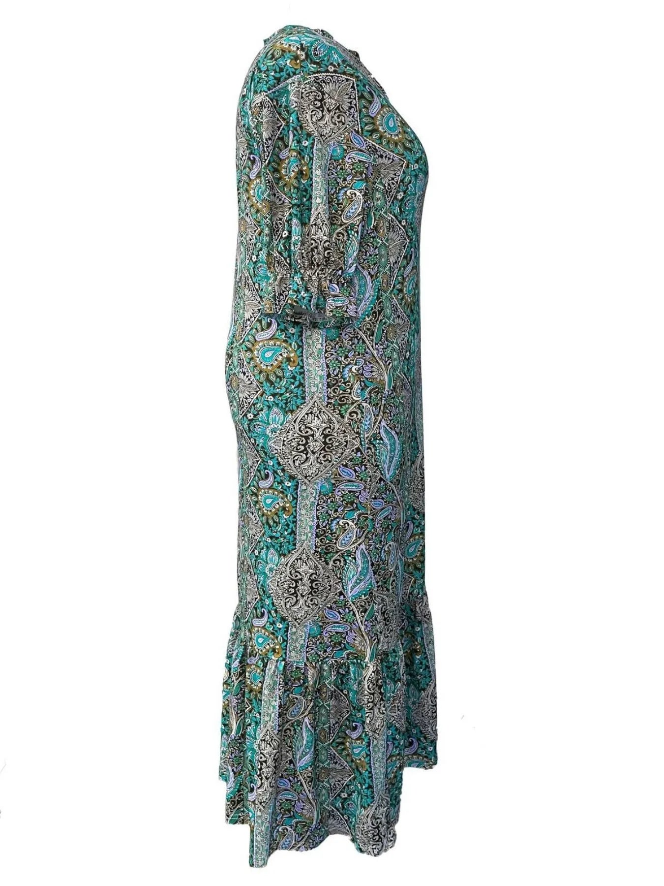Full Size Bohemian Paisley Print Ruffle Hem Midi Dress Plus Size - Velora Luxury Fashion