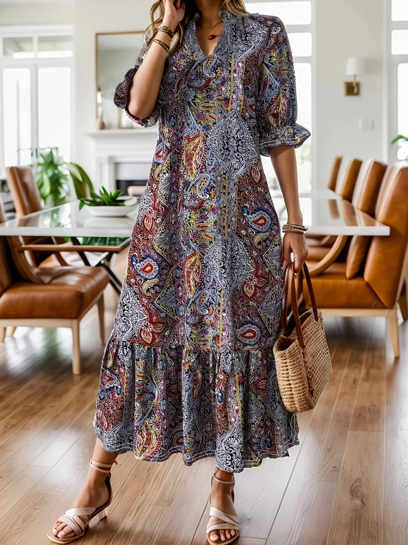 Full Size Bohemian Paisley Print Ruffle Hem Midi Dress Plus Size - Velora Luxury Fashion
