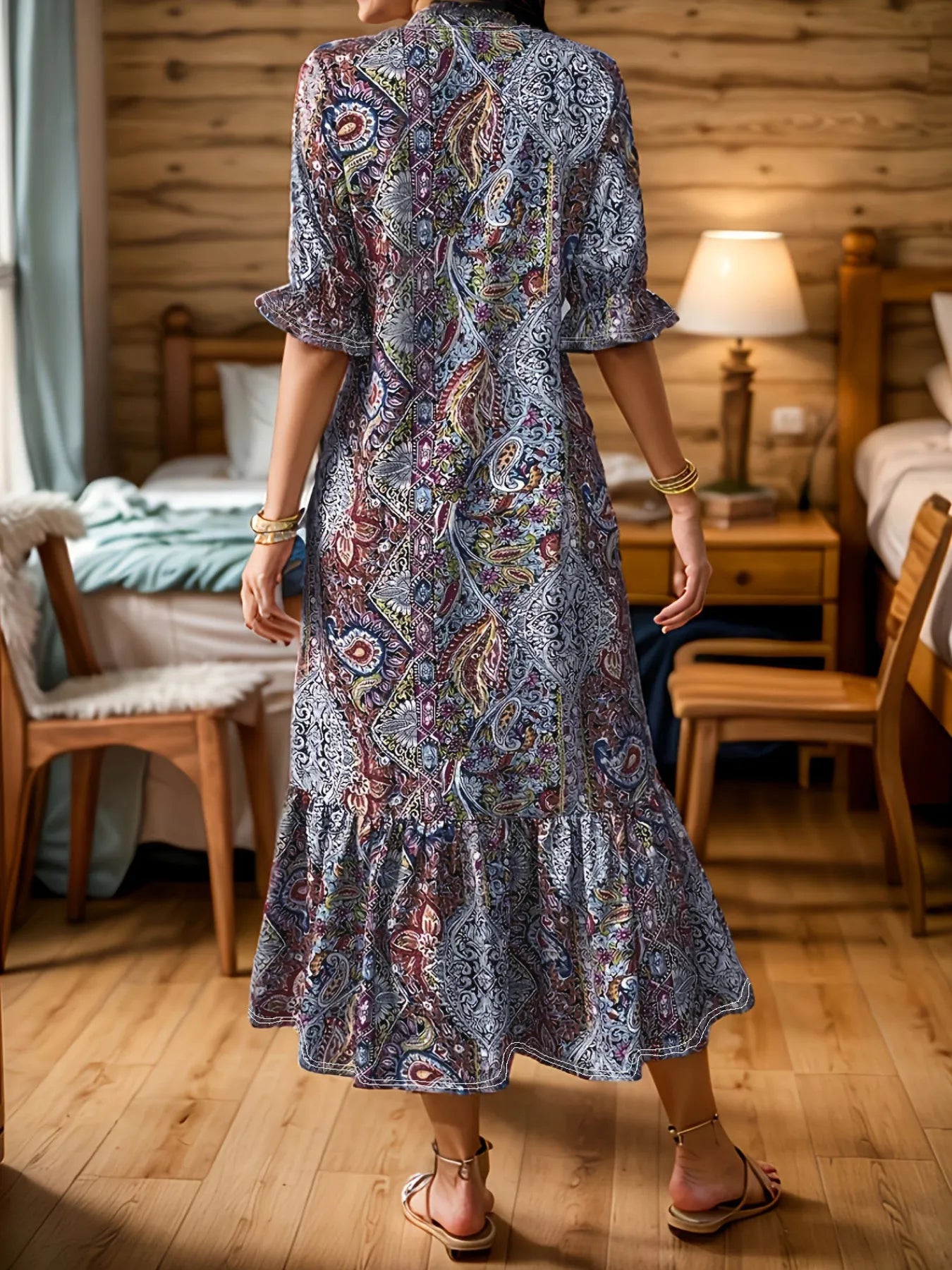 Full Size Bohemian Paisley Print Ruffle Hem Midi Dress Plus Size - Velora Luxury Fashion