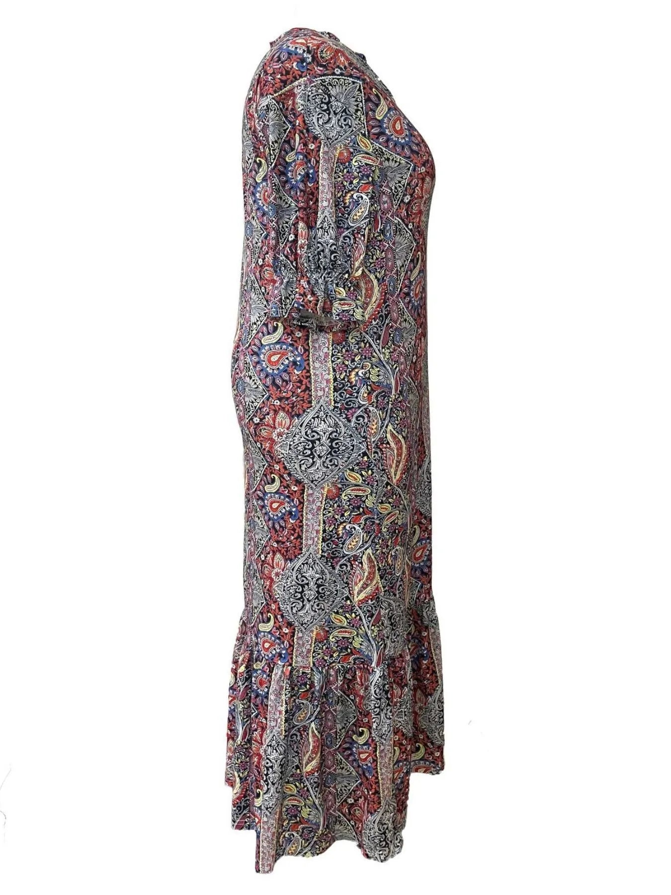 Full Size Bohemian Paisley Print Ruffle Hem Midi Dress Plus Size - Velora Luxury Fashion