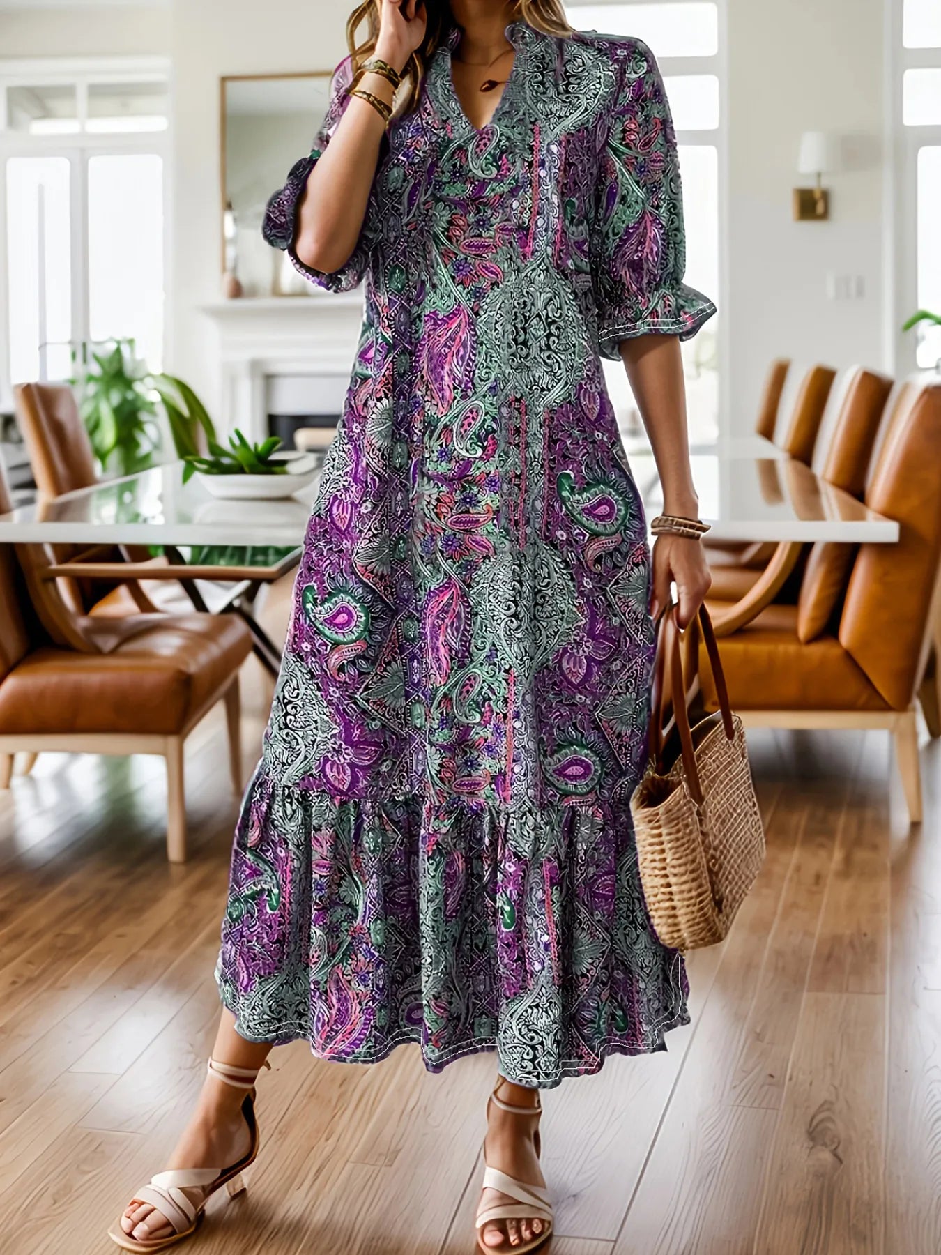 Full Size Bohemian Paisley Print Ruffle Hem Midi Dress Plus Size - Velora Luxury Fashion