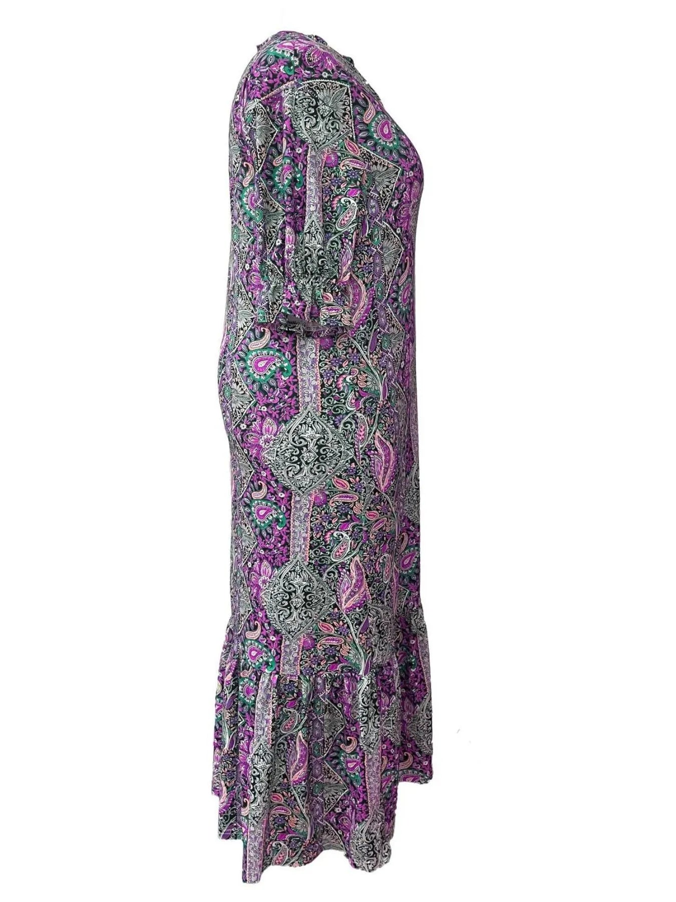 Full Size Bohemian Paisley Print Ruffle Hem Midi Dress Plus Size - Velora Luxury Fashion