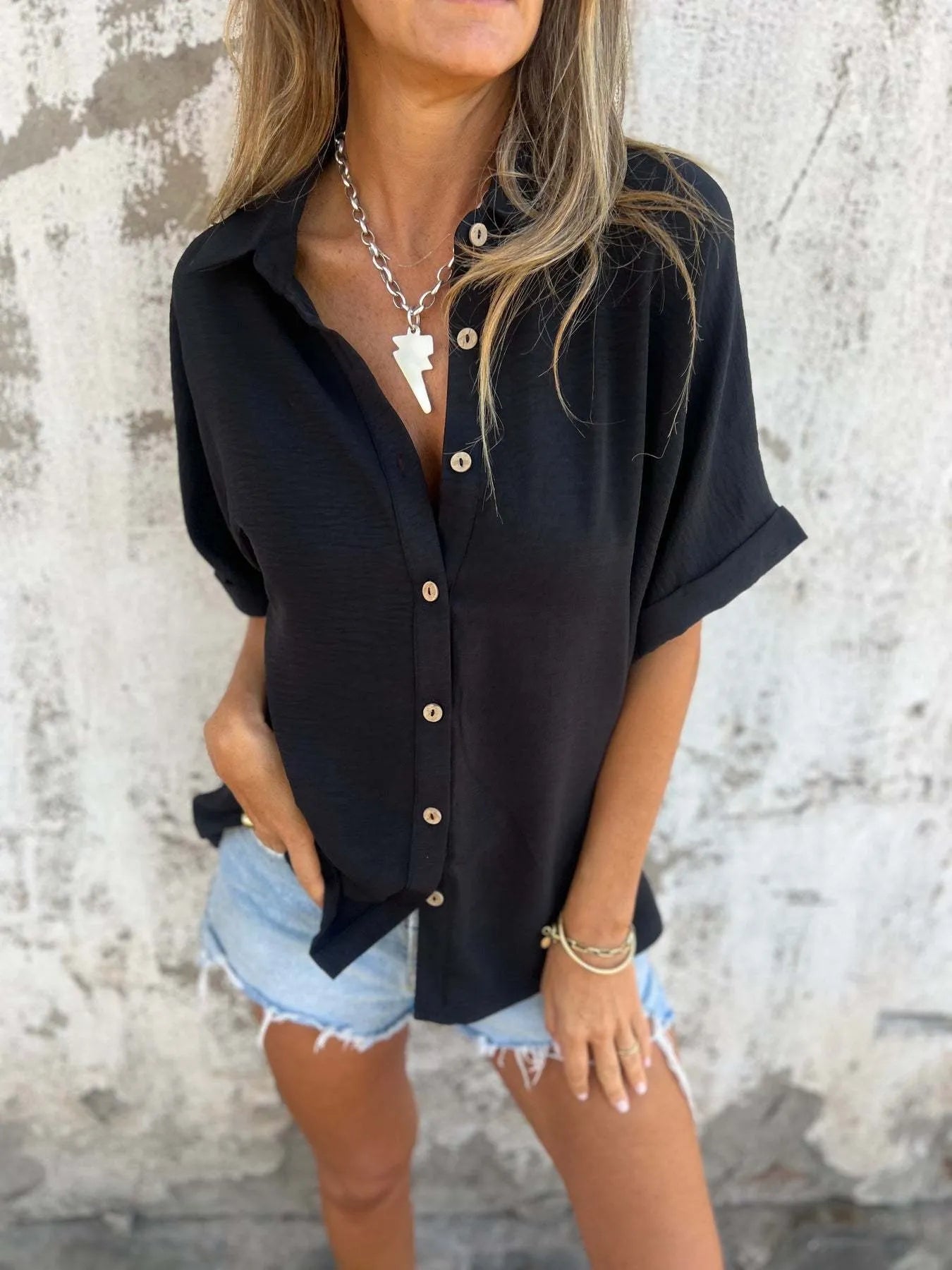 Full Size Casual Button Down Short Sleeve Loose Shirt Plus Size - Velora Luxury Fashion
