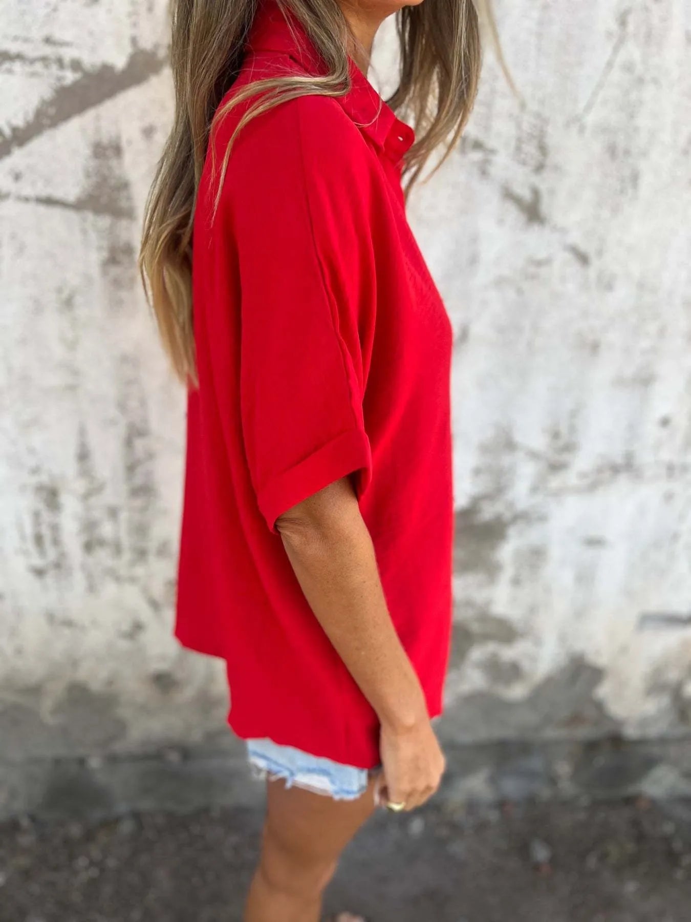 Full Size Casual Button Down Short Sleeve Loose Shirt Plus Size - Velora Luxury Fashion