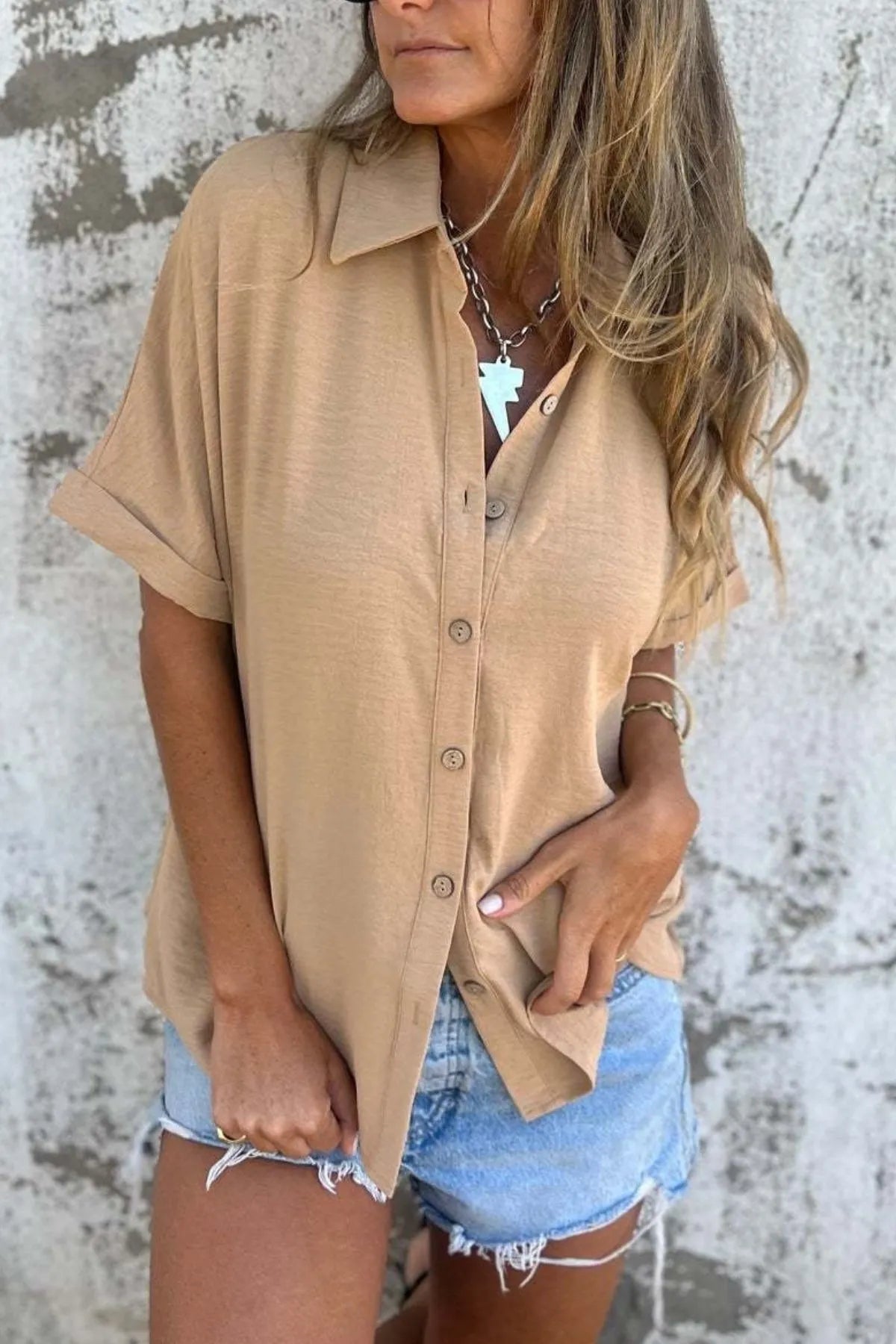 Full Size Casual Button Down Short Sleeve Loose Shirt Plus Size - Velora Luxury Fashion
