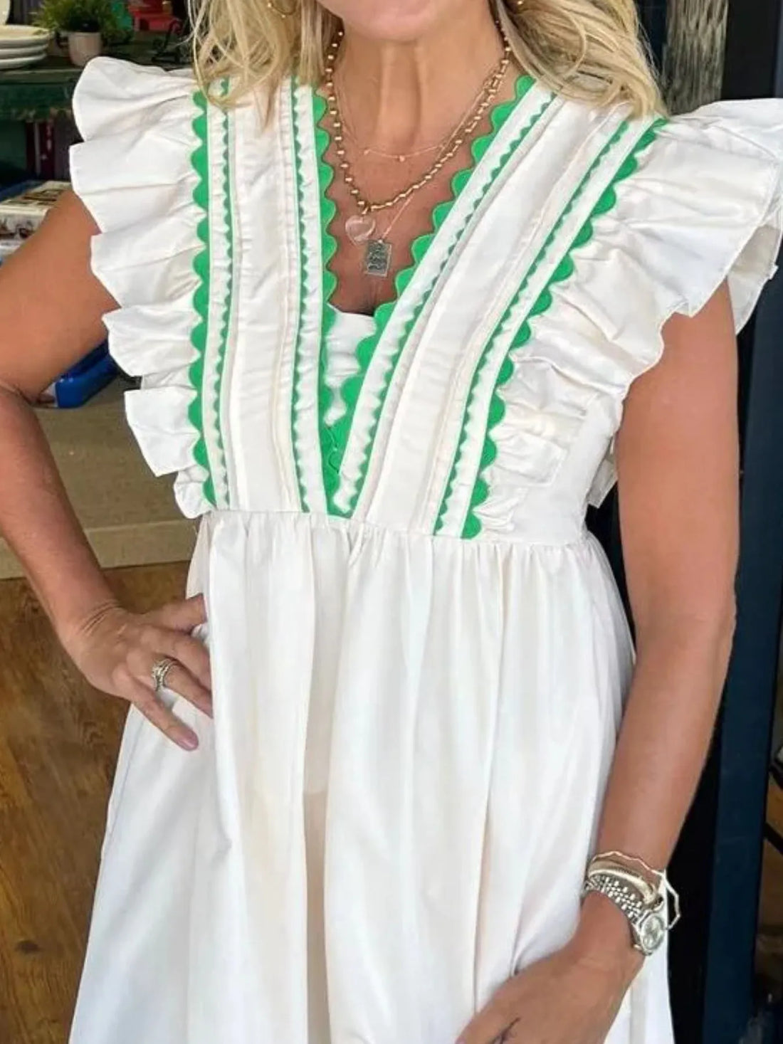 Full Size Contrast Trim Ruffled Cap Sleeve Dress Plus Size - Velora Luxury Fashion