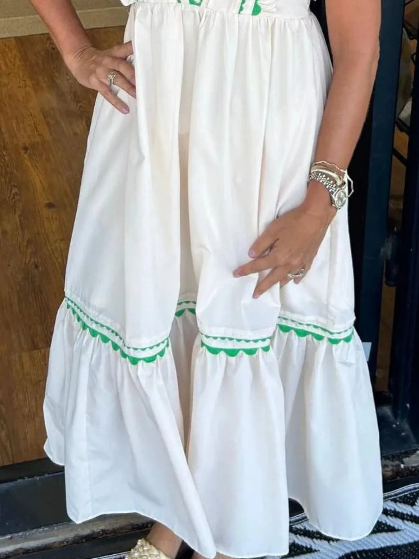 Full Size Contrast Trim Ruffled Cap Sleeve Dress Plus Size - Velora Luxury Fashion