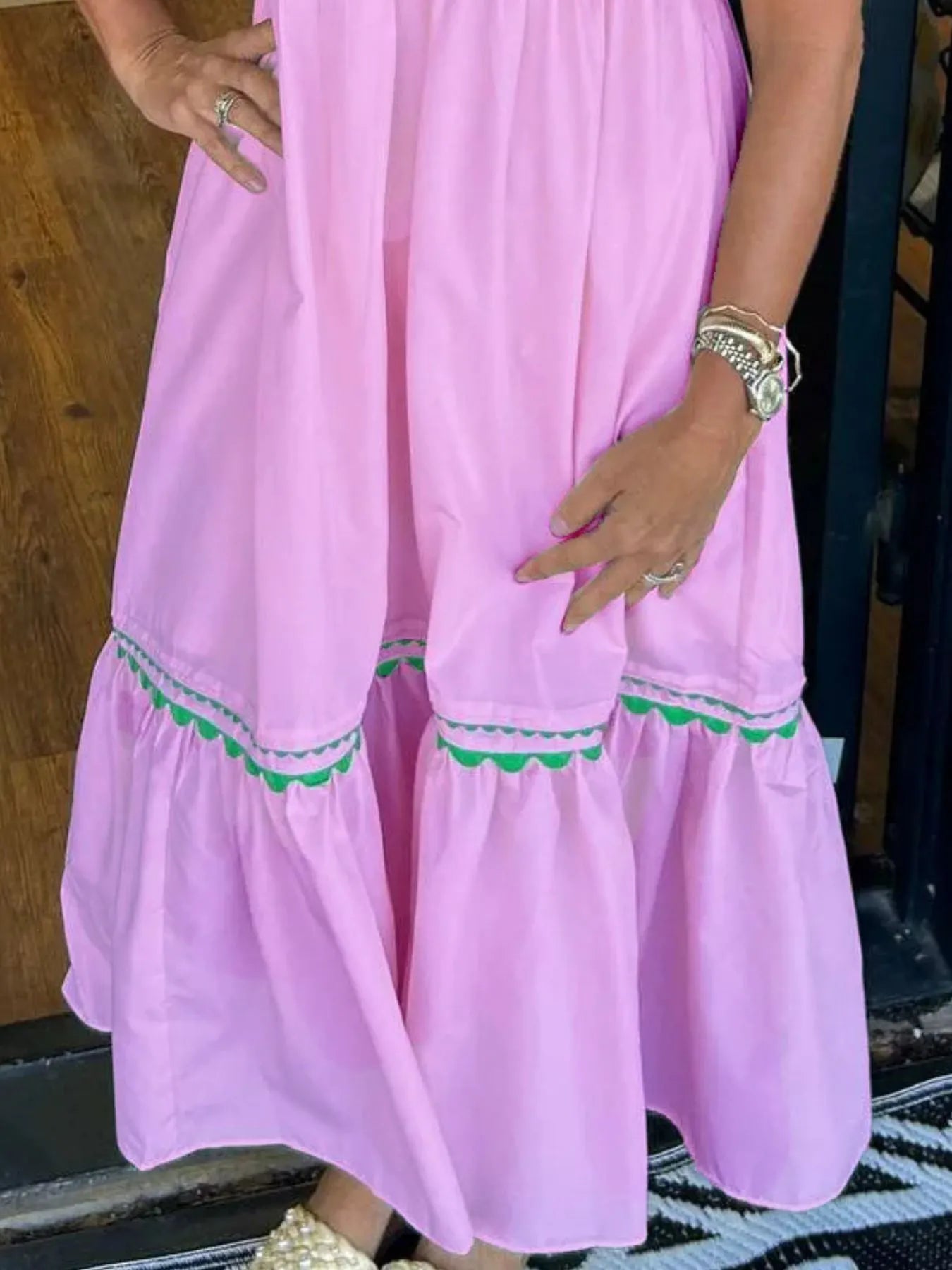 Full Size Contrast Trim Ruffled Cap Sleeve Dress Plus Size - Velora Luxury Fashion