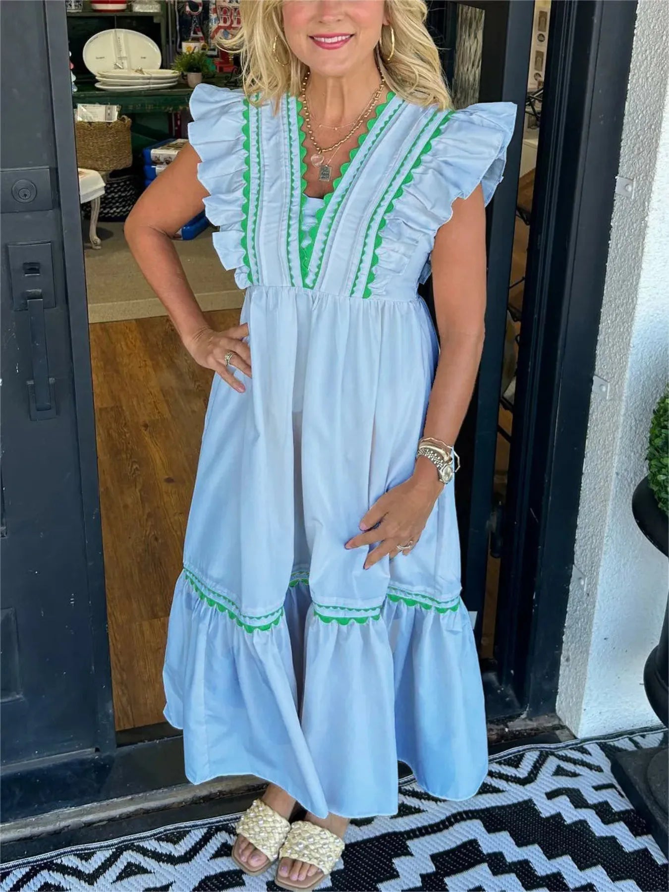 Full Size Contrast Trim Ruffled Cap Sleeve Dress Plus Size - Velora Luxury Fashion