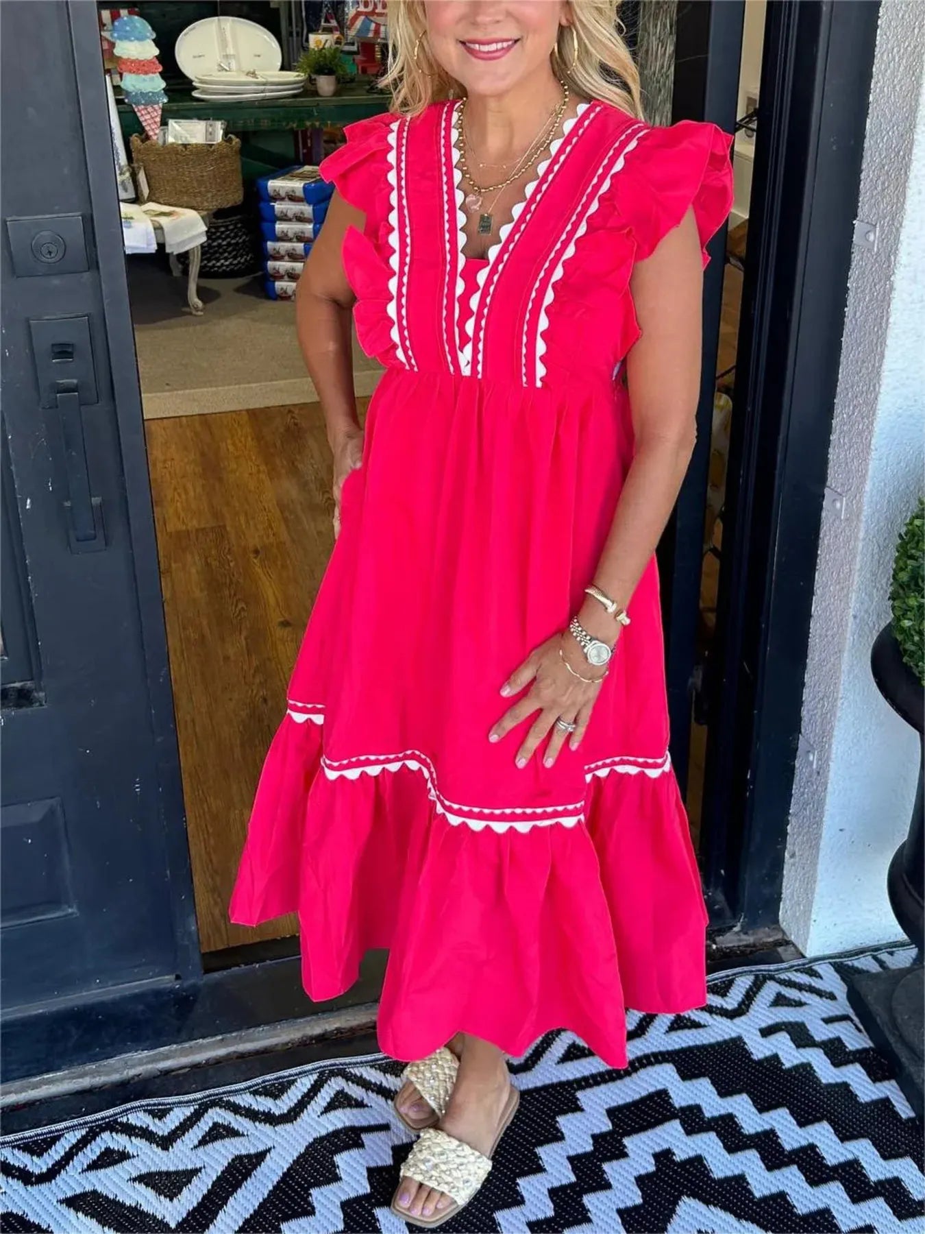 Full Size Contrast Trim Ruffled Cap Sleeve Dress Plus Size - Velora Luxury Fashion