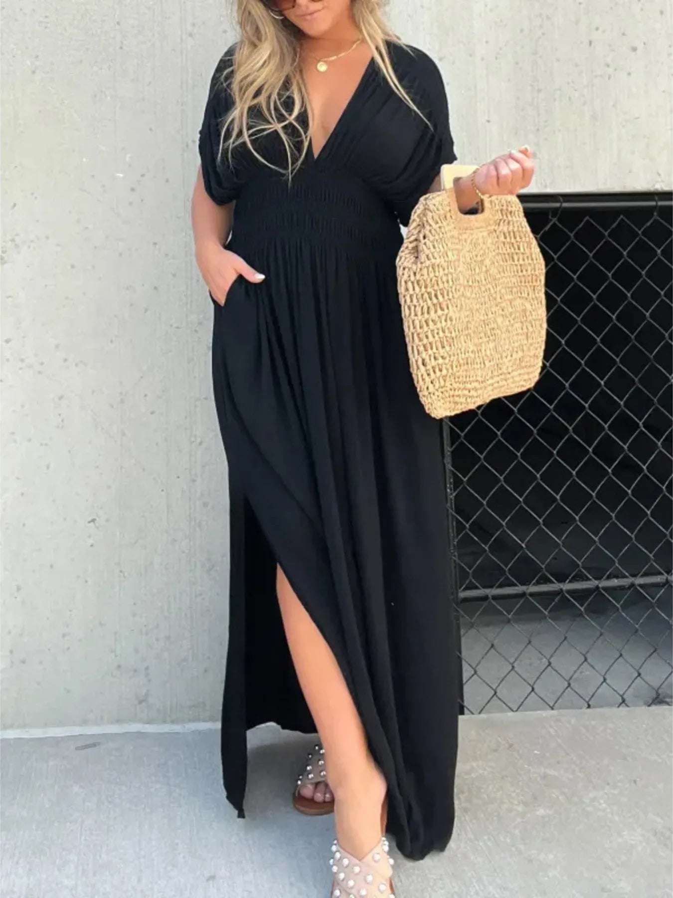 Full Size Deep V-Neck Maxi Dress with Side Slit Plus Size - Velora Luxury Fashion