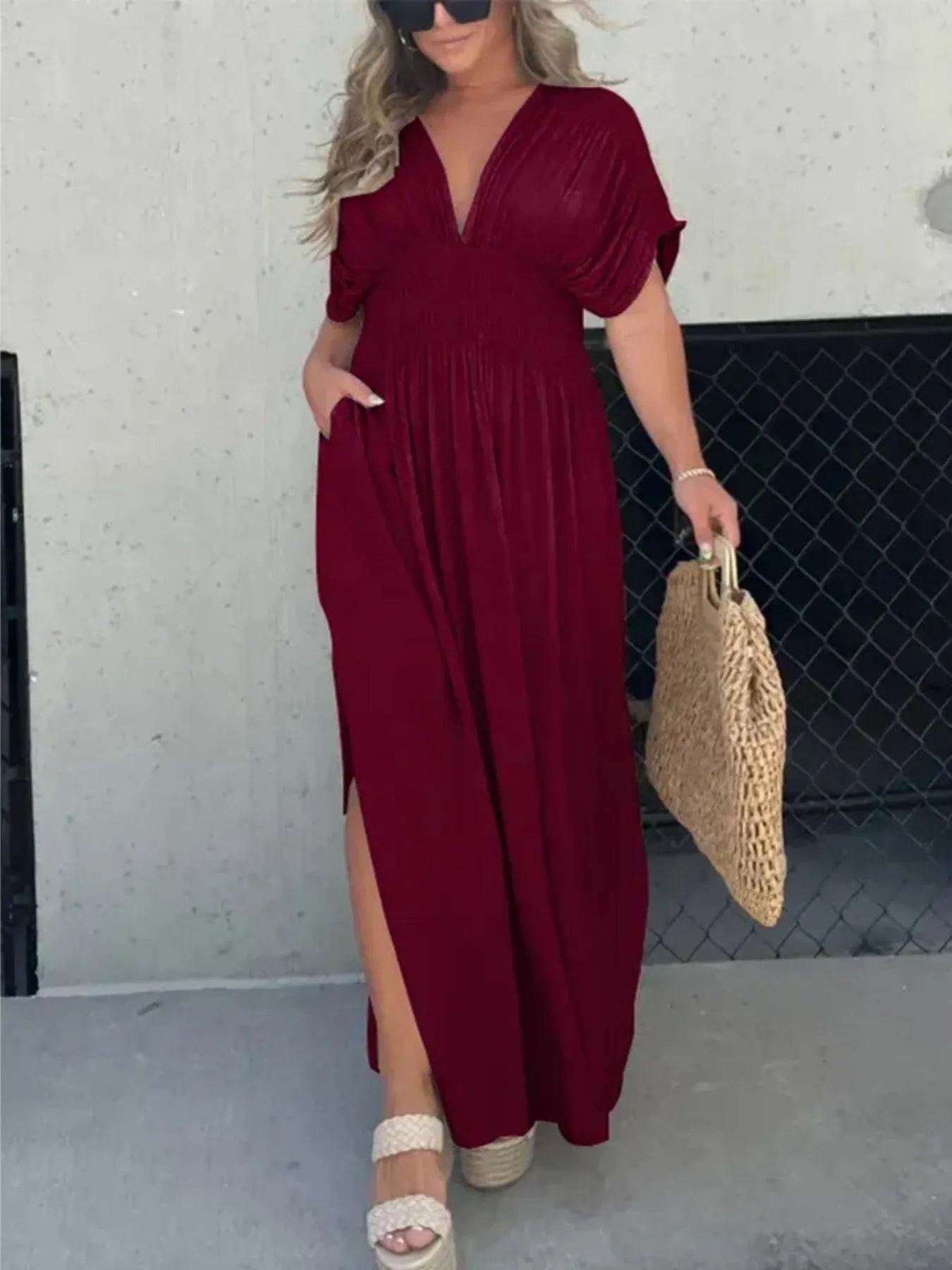 Full Size Deep V-Neck Maxi Dress with Side Slit Plus Size - Velora Luxury Fashion
