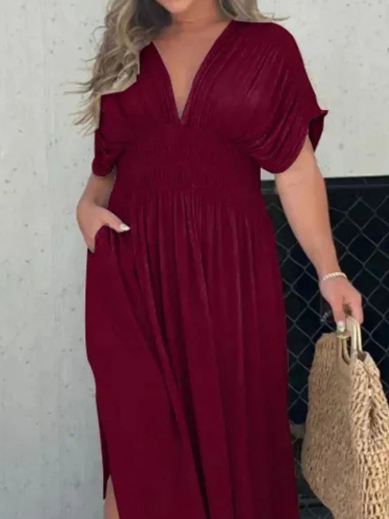 Full Size Deep V-Neck Maxi Dress with Side Slit Plus Size - Velora Luxury Fashion