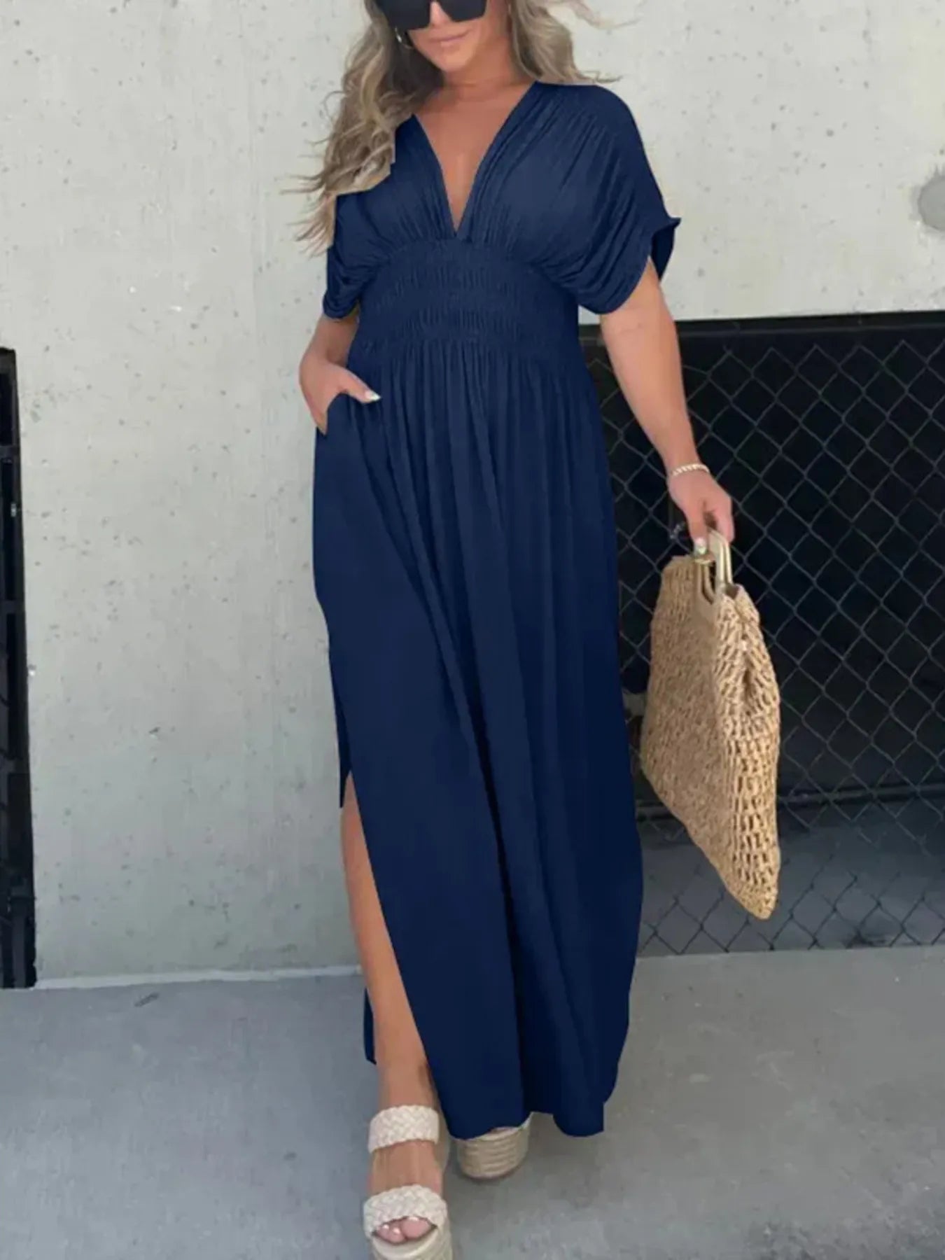 Full Size Deep V-Neck Maxi Dress with Side Slit Plus Size - Velora Luxury Fashion
