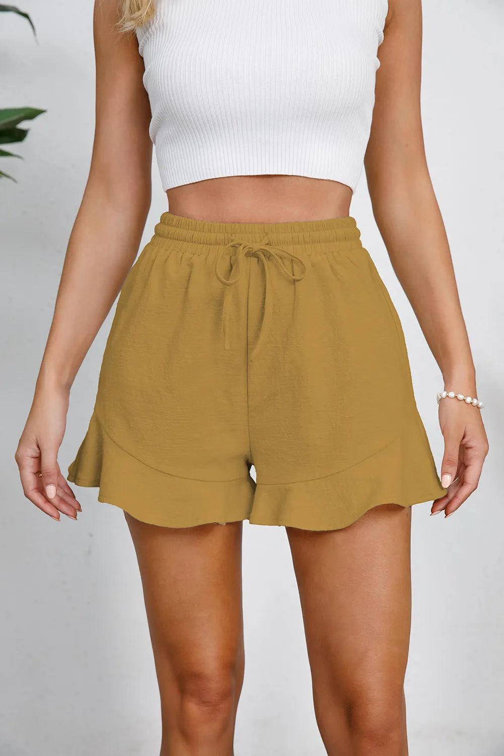 Full Size Drawstring Ruffle Hem Shorts - Velora Luxury Fashion