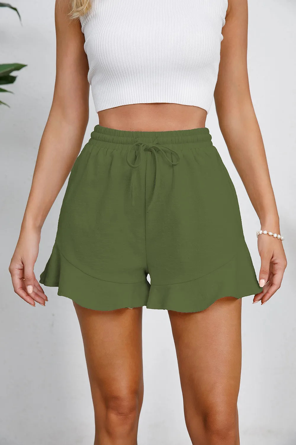 Full Size Drawstring Ruffle Hem Shorts - Velora Luxury Fashion