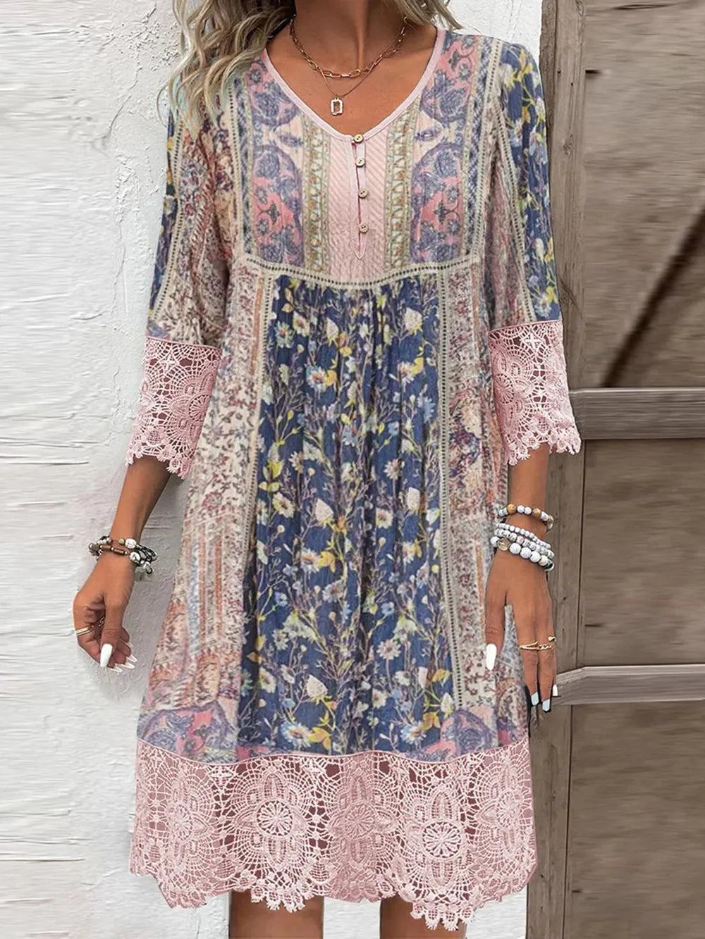 Full Size Lace Detail Printed Three-Quarter Sleeve Dress - Velora Luxury Fashion