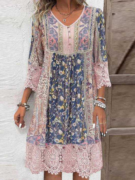 Full Size Lace Detail Printed Three-Quarter Sleeve Dress - Velora Luxury Fashion