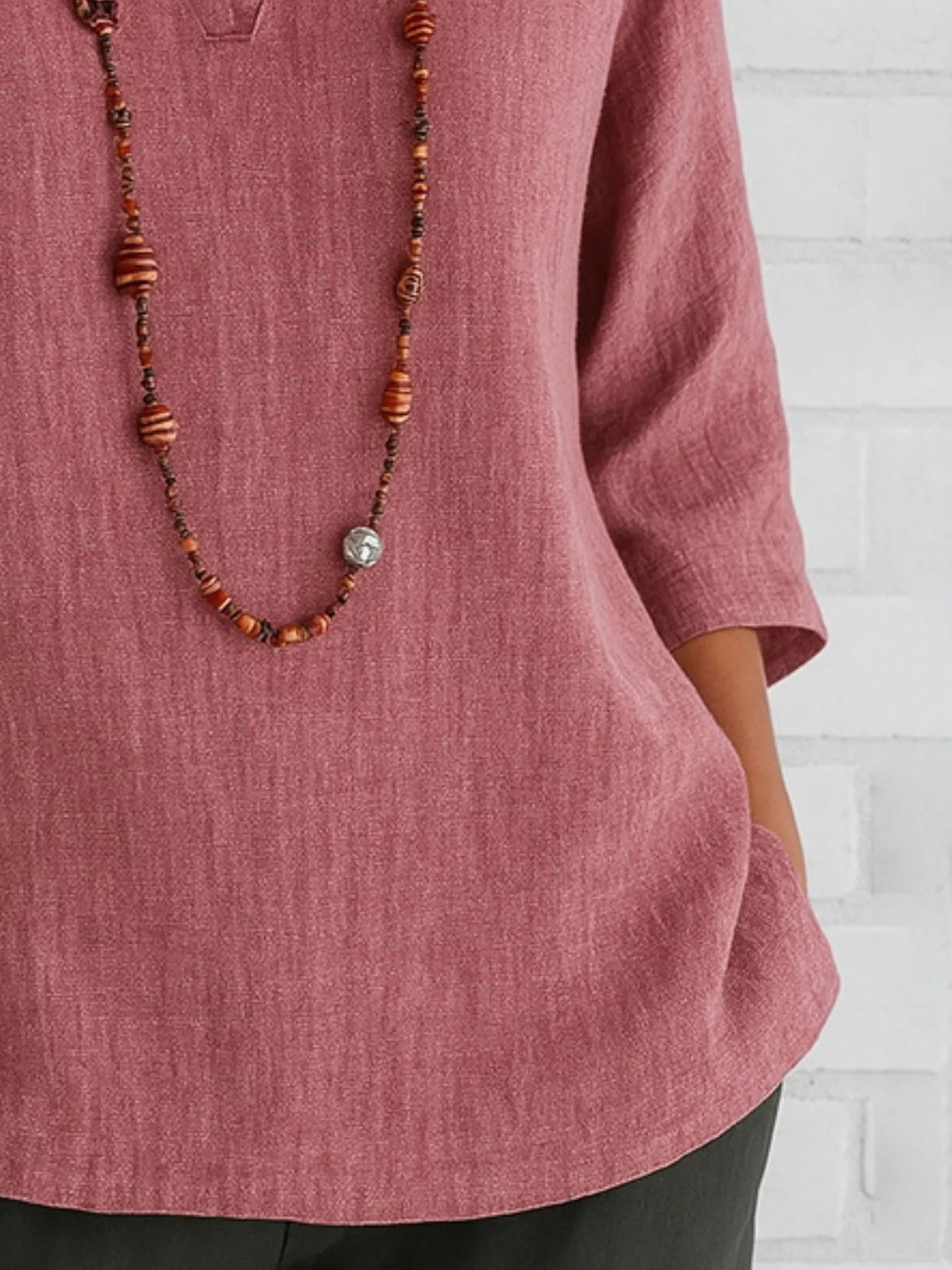 Full Size Notched Three-Quarter Sleeves Blouse Plus Size - Velora Luxury Fashion