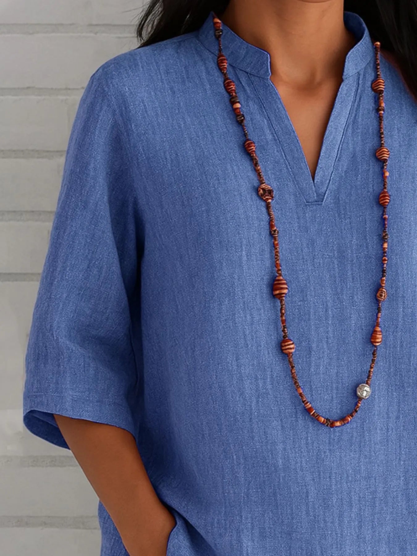 Full Size Notched Three-Quarter Sleeves Blouse Plus Size - Velora Luxury Fashion