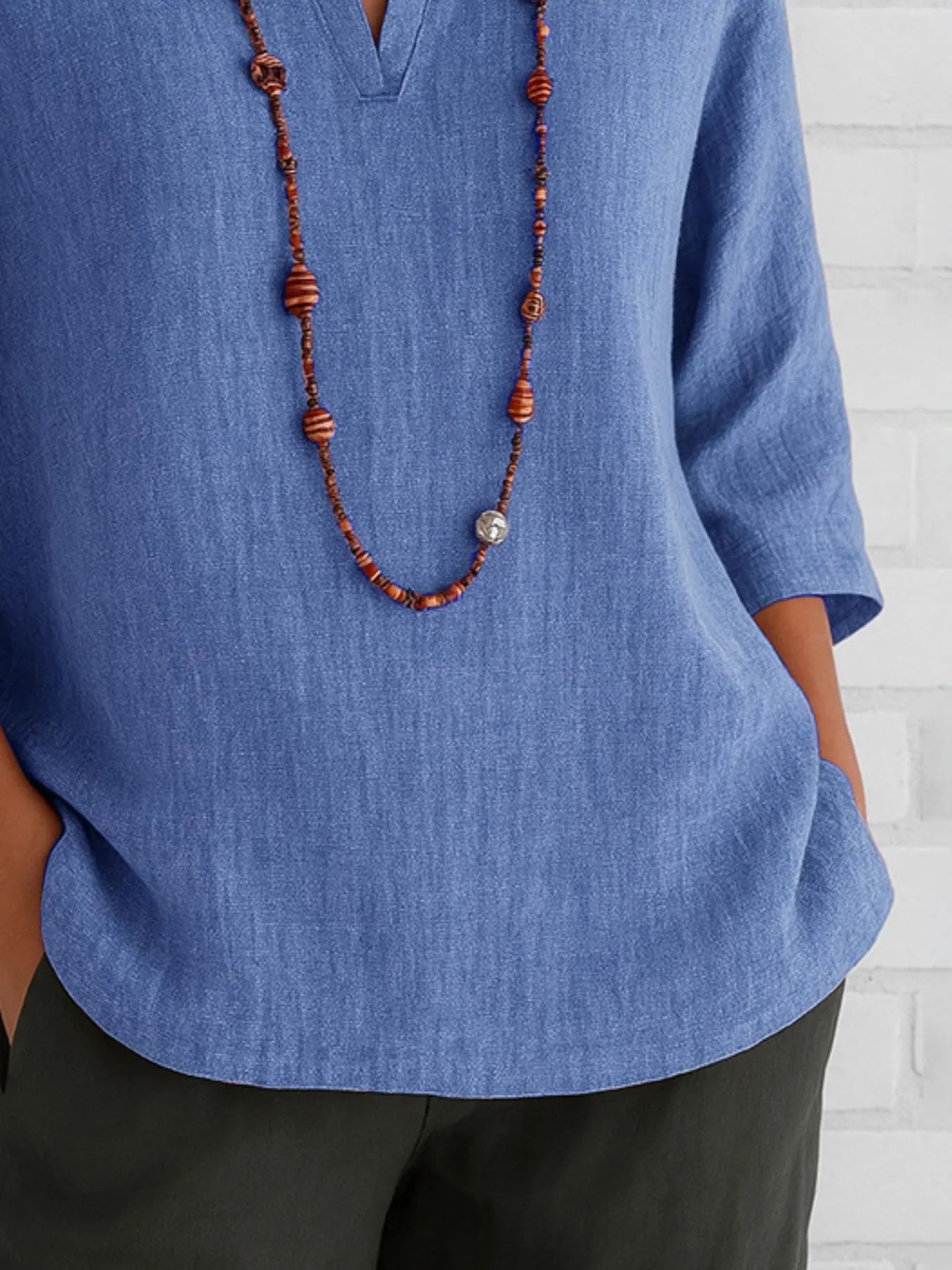 Full Size Notched Three-Quarter Sleeves Blouse Plus Size - Velora Luxury Fashion