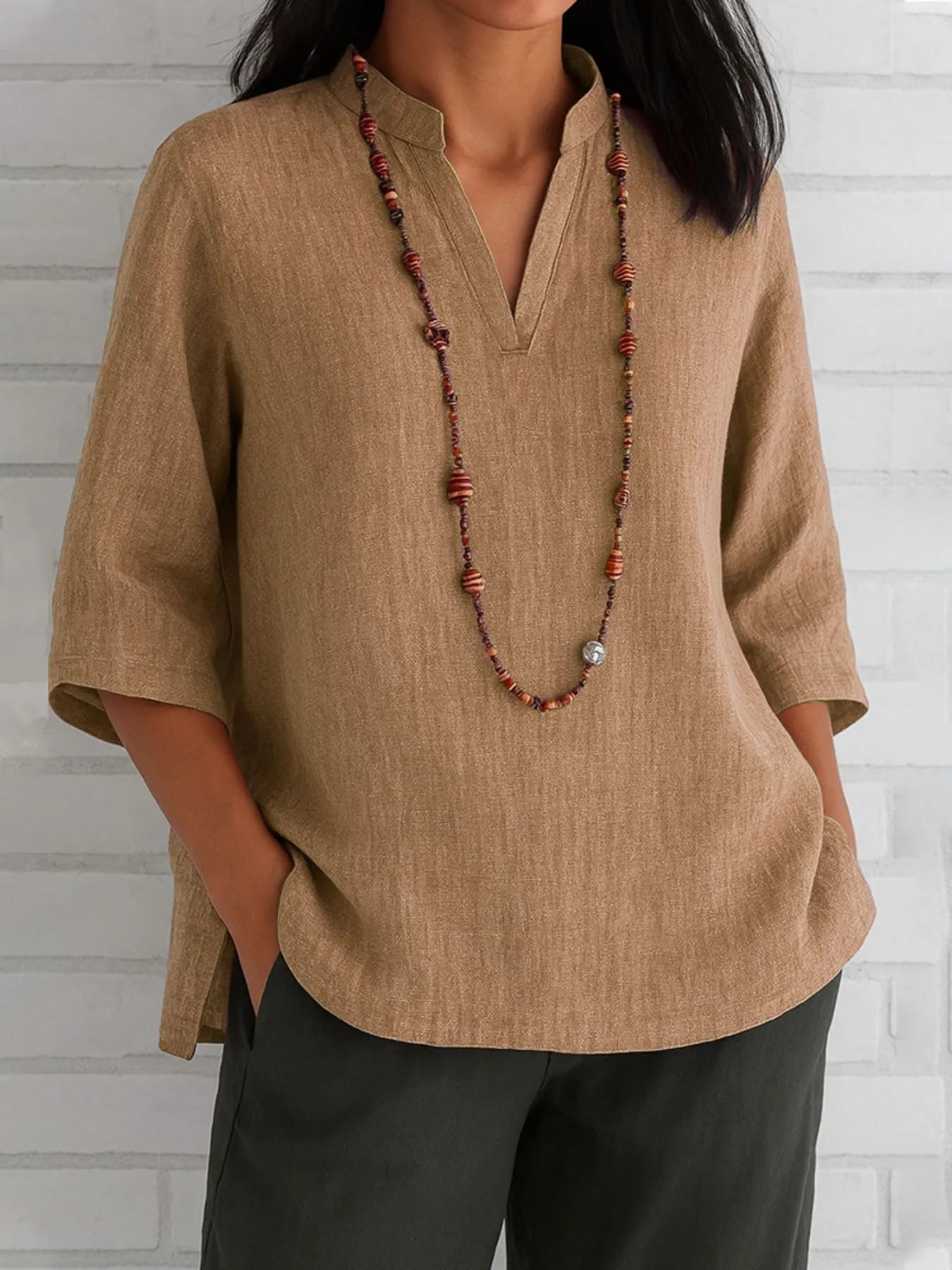 Full Size Notched Three-Quarter Sleeves Blouse Plus Size - Velora Luxury Fashion