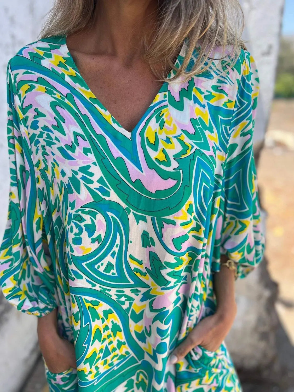 Full Size Printed V-Neck Dress with Pockets Plus Size - Velora Luxury Fashion