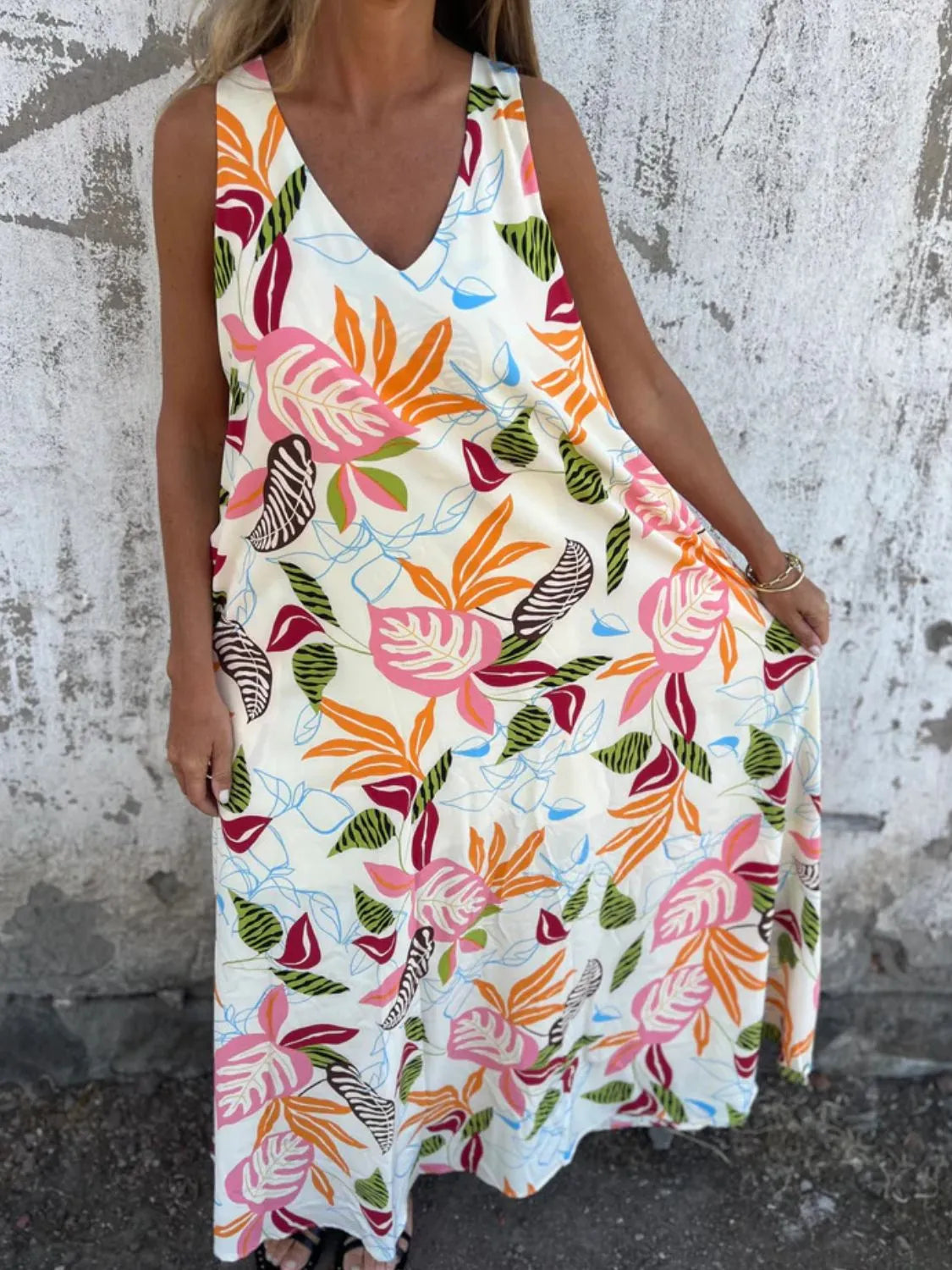 Full Size Printed V-Neck Sleeveless Dress Plus Size - Velora Luxury Fashion