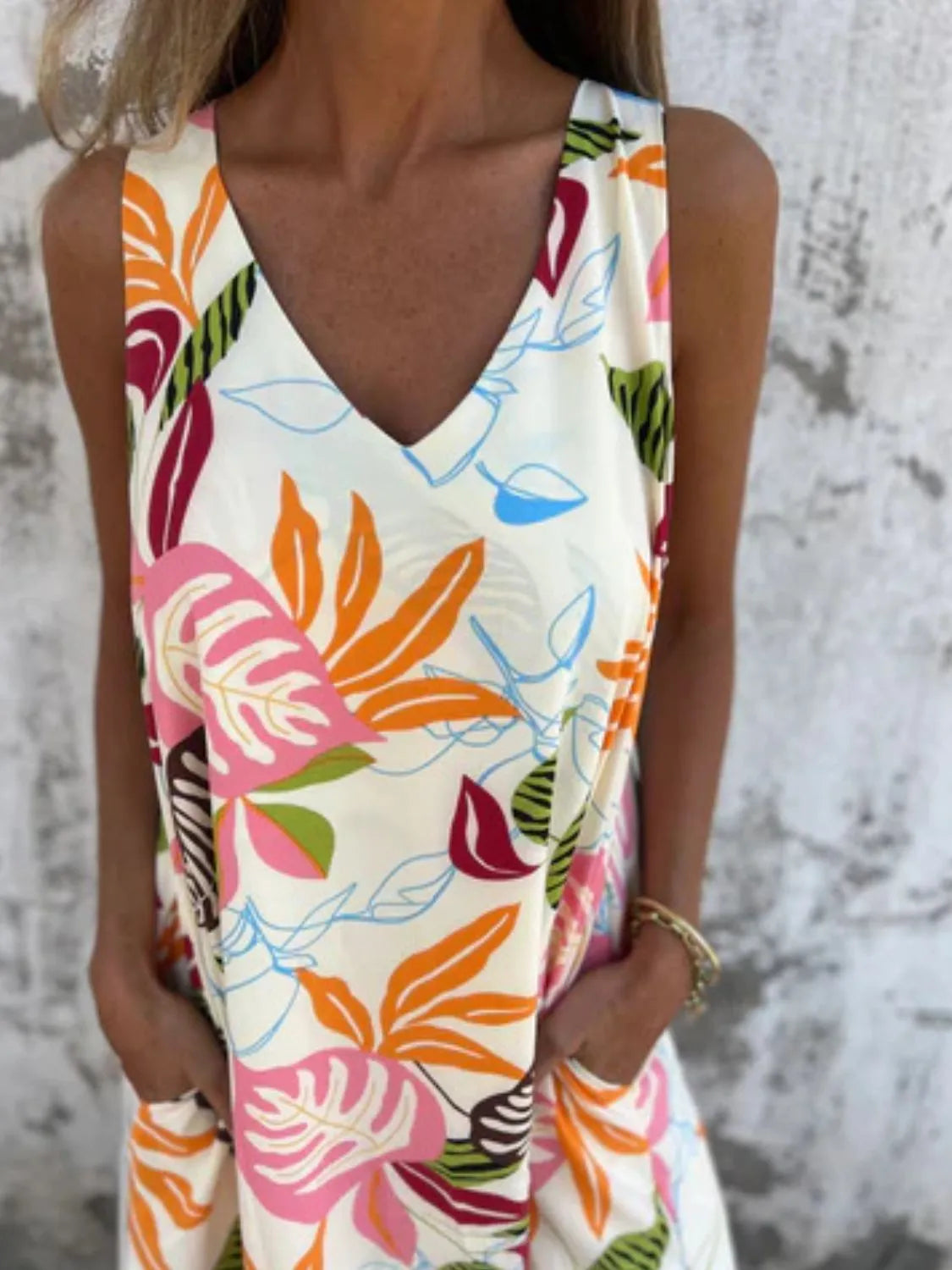 Full Size Printed V-Neck Sleeveless Dress Plus Size - Velora Luxury Fashion