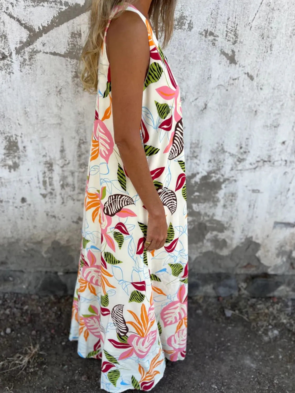 Full Size Printed V-Neck Sleeveless Dress Plus Size - Velora Luxury Fashion