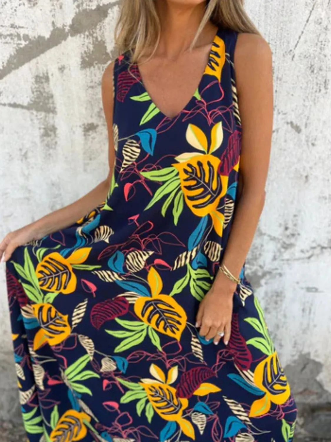 Full Size Printed V-Neck Sleeveless Dress Plus Size - Velora Luxury Fashion