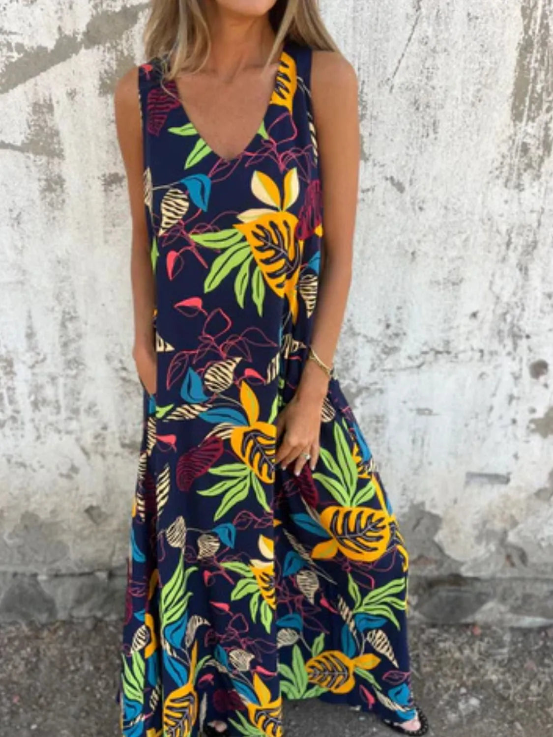 Full Size Printed V-Neck Sleeveless Dress Plus Size - Velora Luxury Fashion