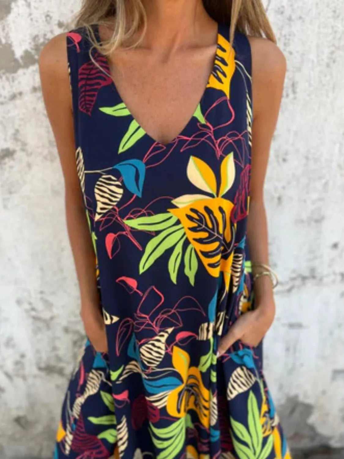 Full Size Printed V-Neck Sleeveless Dress Plus Size - Velora Luxury Fashion