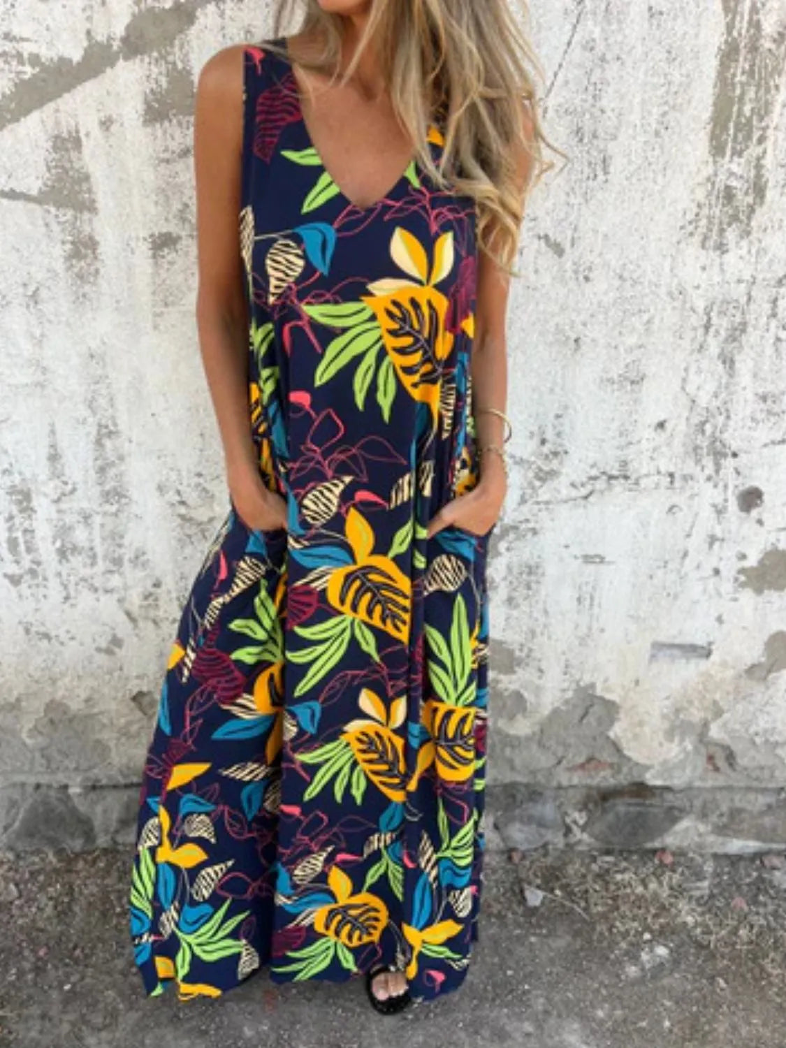 Full Size Printed V-Neck Sleeveless Dress Plus Size - Velora Luxury Fashion