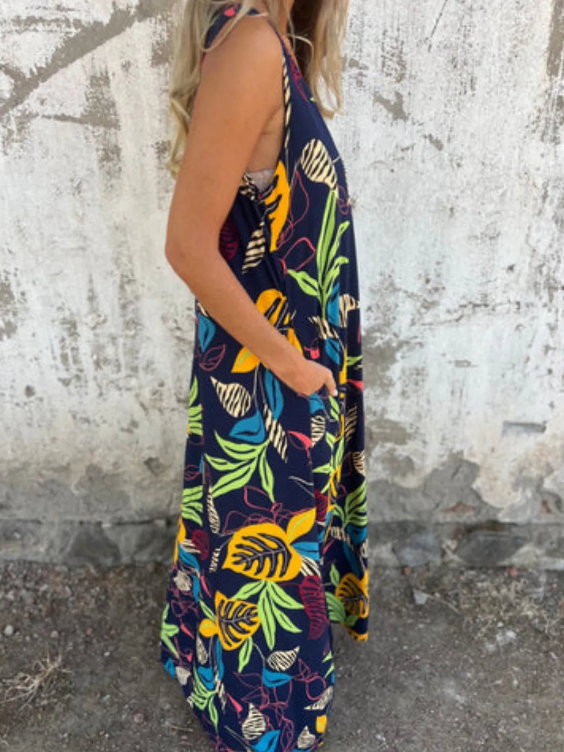 Full Size Printed V-Neck Sleeveless Dress Plus Size - Velora Luxury Fashion