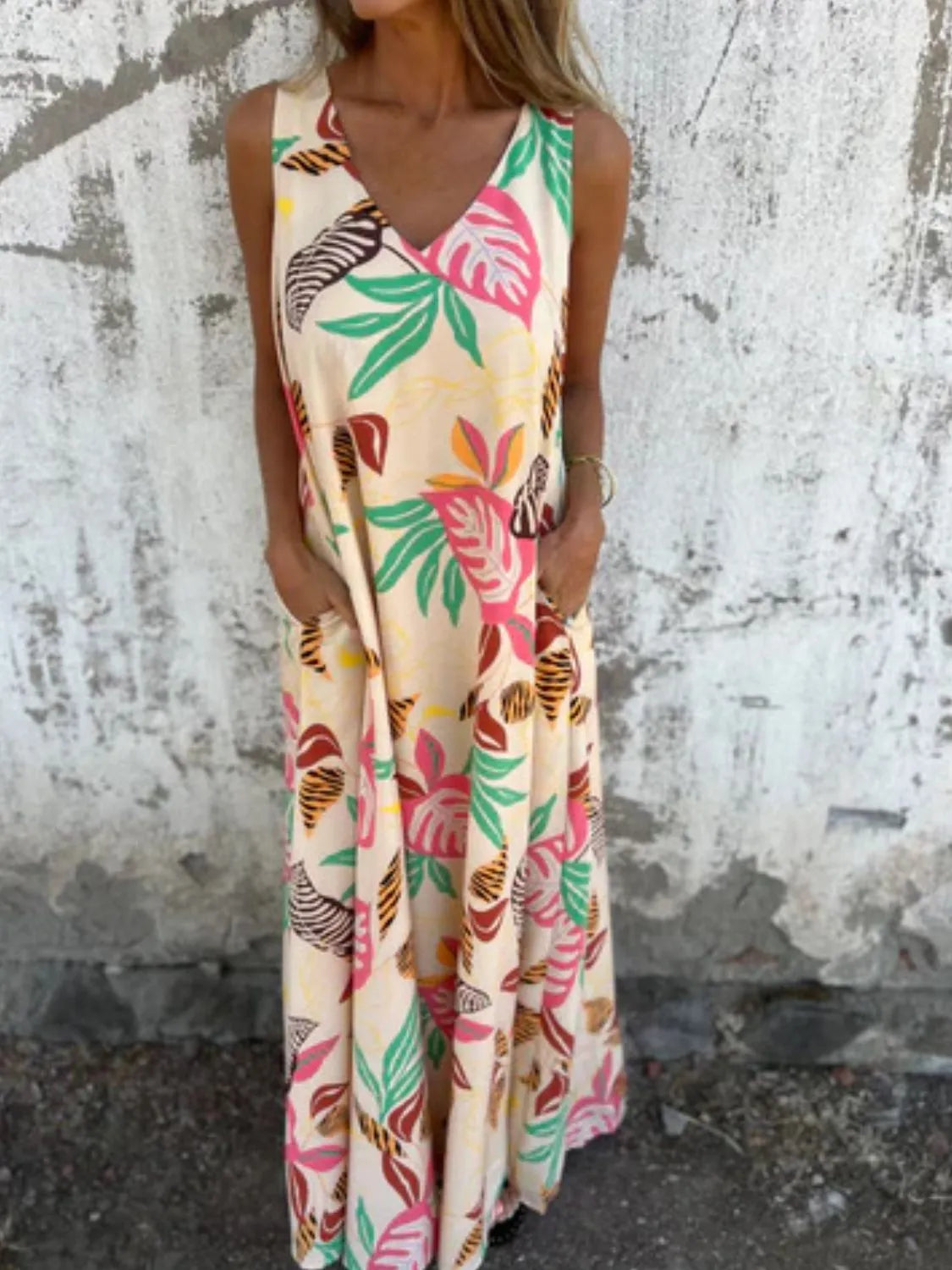 Full Size Printed V-Neck Sleeveless Dress Plus Size - Velora Luxury Fashion