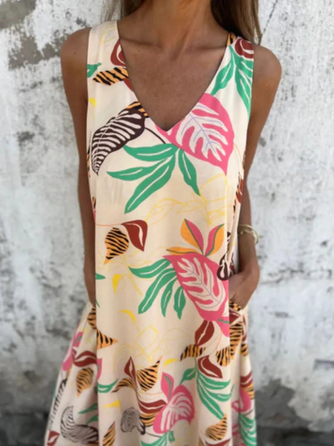 Full Size Printed V-Neck Sleeveless Dress Plus Size - Velora Luxury Fashion