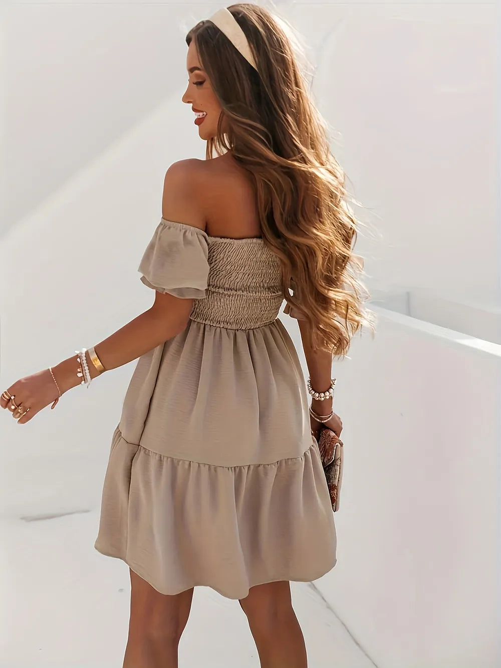 Full Size Ruffled Off-Shoulder Short Sleeve Dress - Velora Luxury Fashion