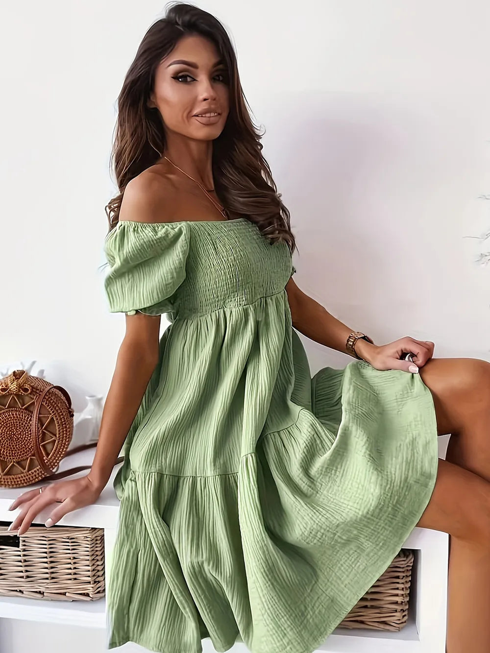 Full Size Ruffled Off-Shoulder Short Sleeve Dress - Velora Luxury Fashion