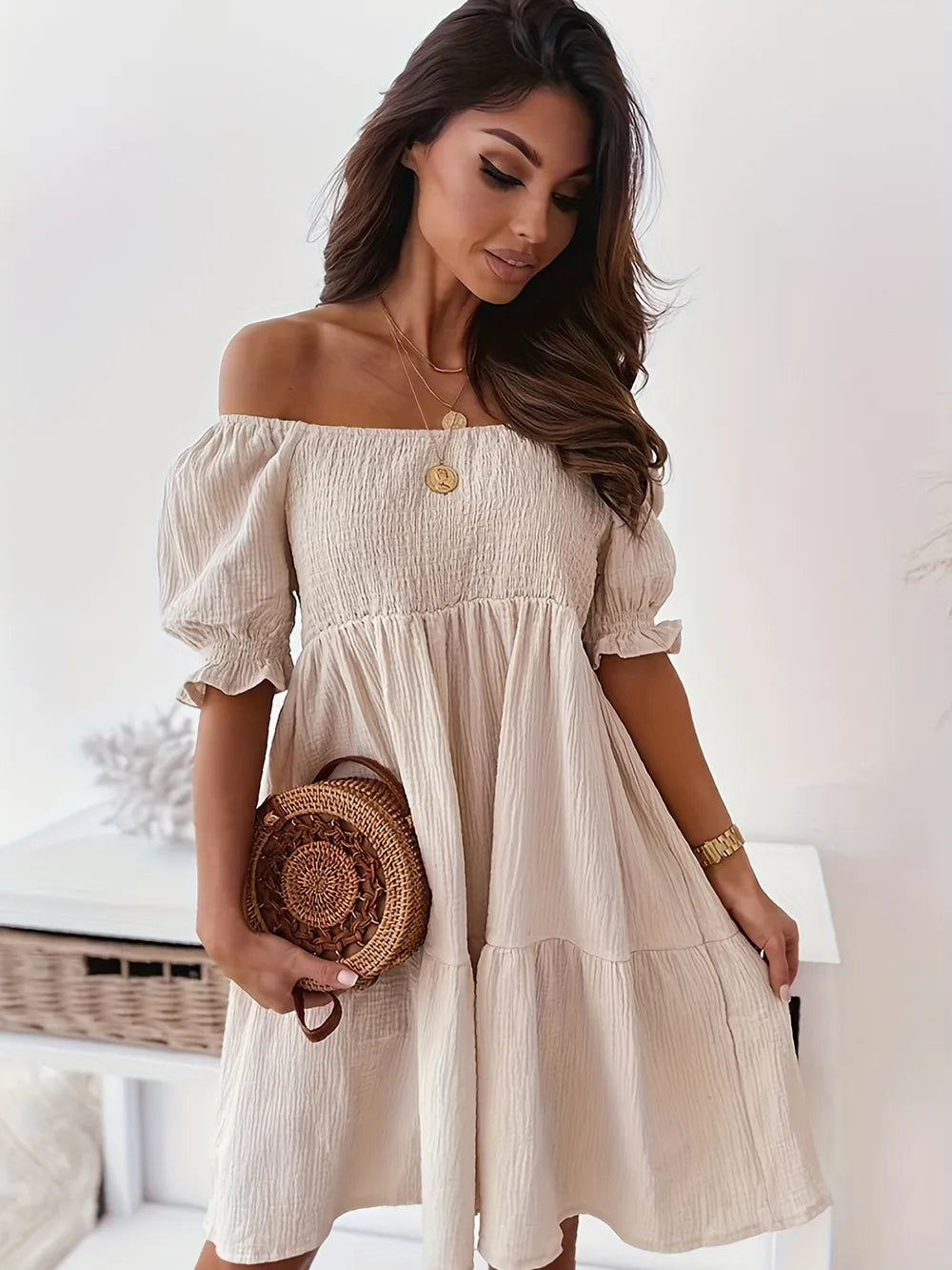 Full Size Ruffled Off-Shoulder Short Sleeve Dress - Velora Luxury Fashion
