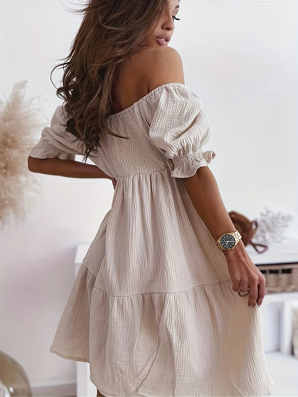 Full Size Ruffled Off-Shoulder Short Sleeve Dress - Velora Luxury Fashion