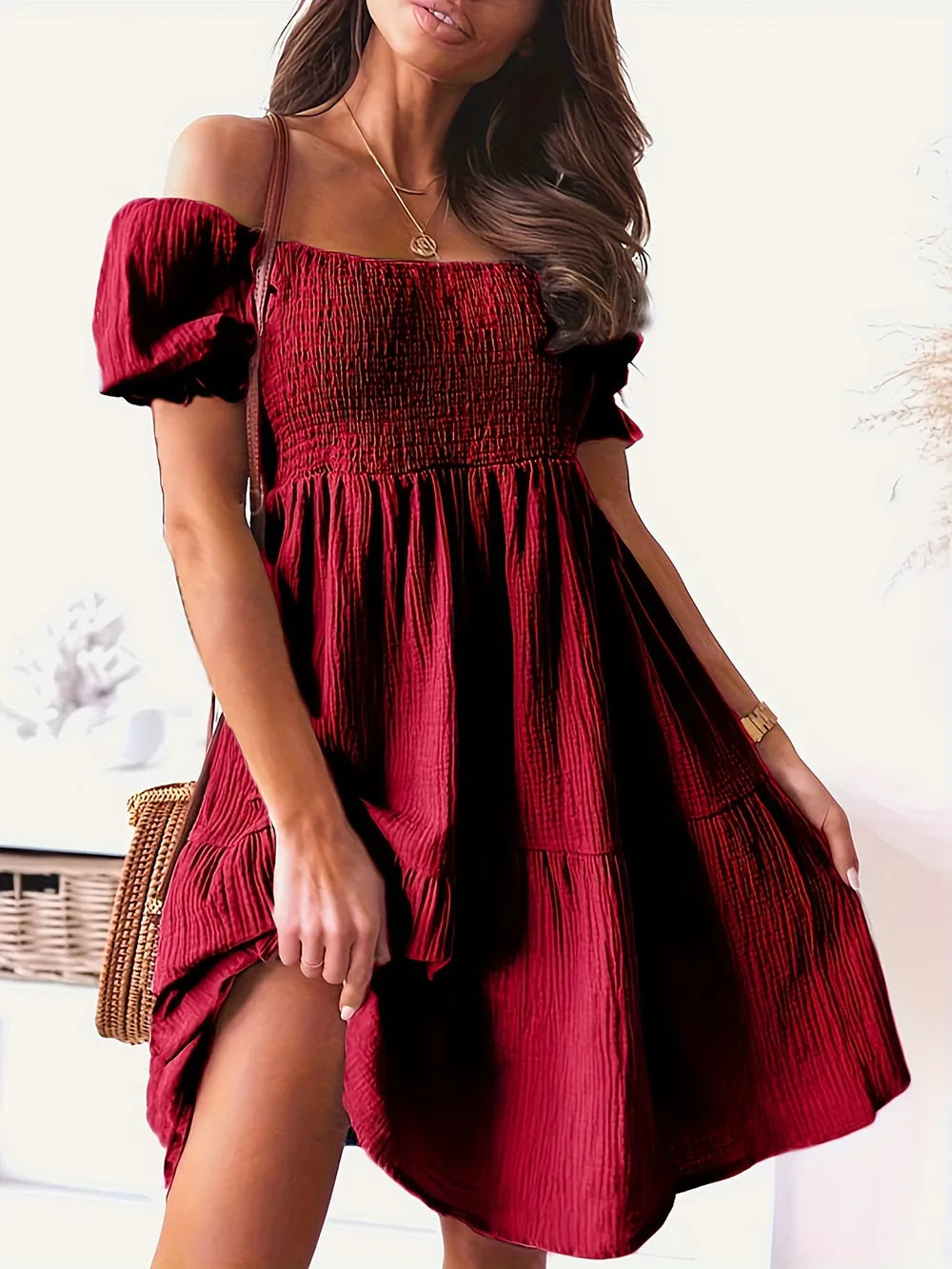 Full Size Ruffled Off-Shoulder Short Sleeve Dress - Velora Luxury Fashion
