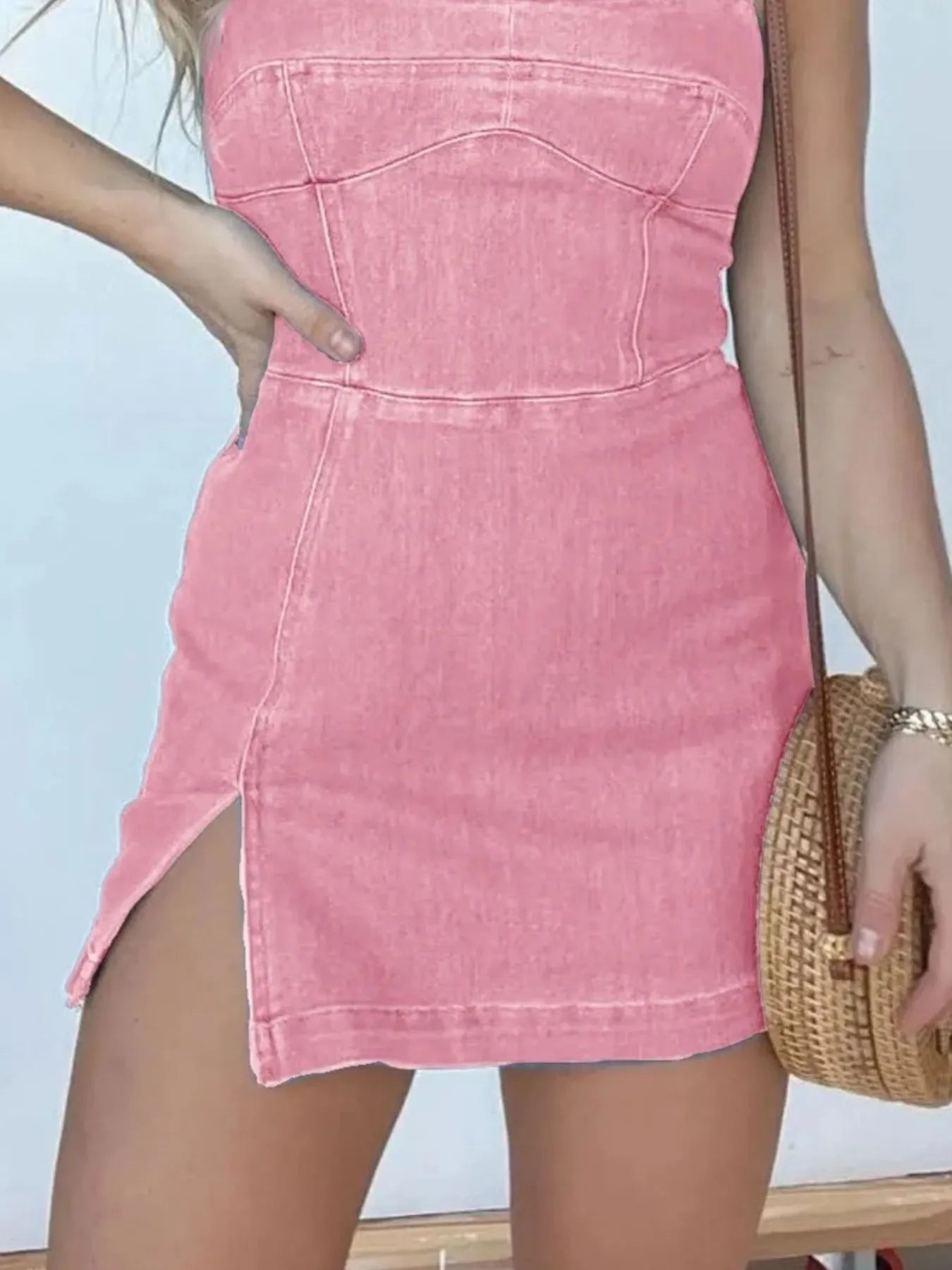 Full Size Slit Square Neck Denim Dress Plus Size - Velora Luxury Fashion